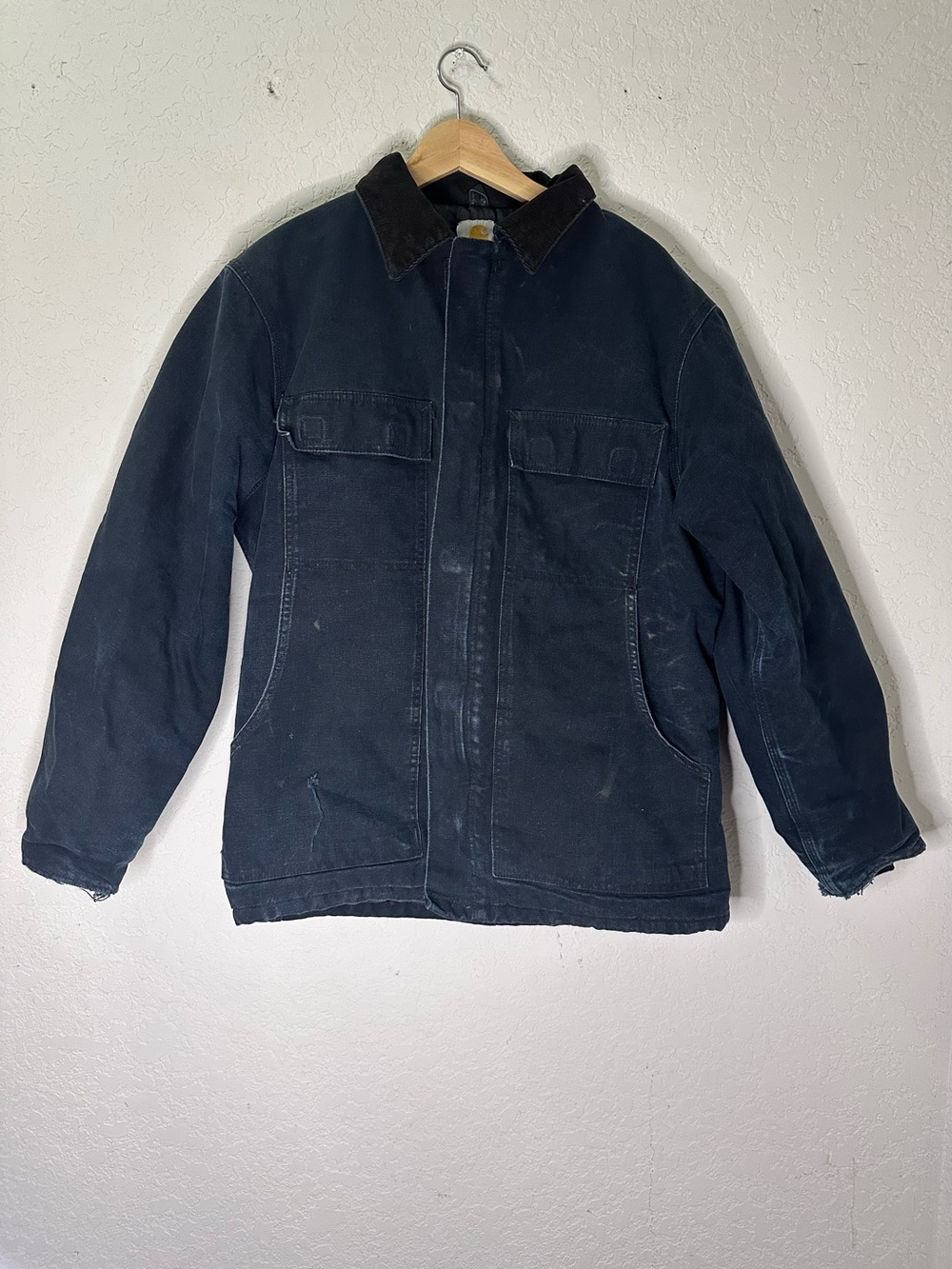 Vintage Carhartt Men's navy blue Work Jacket with Corduroy Collar